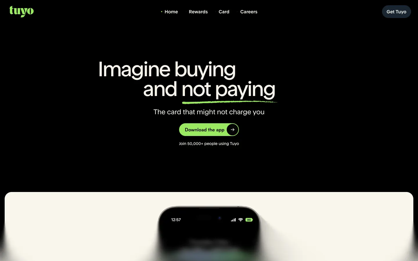 Tuyo home page: Imagine buying and not paying, The card that might not charge you