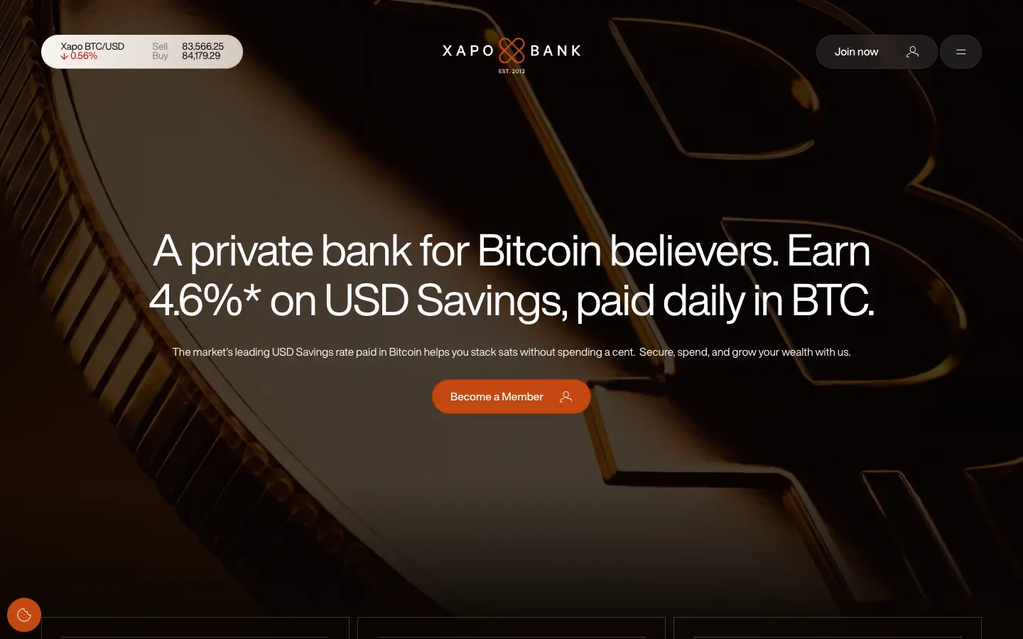 Xapo Bank home page: a live BTC/USD ticker and A private bank for Bitcoin believers