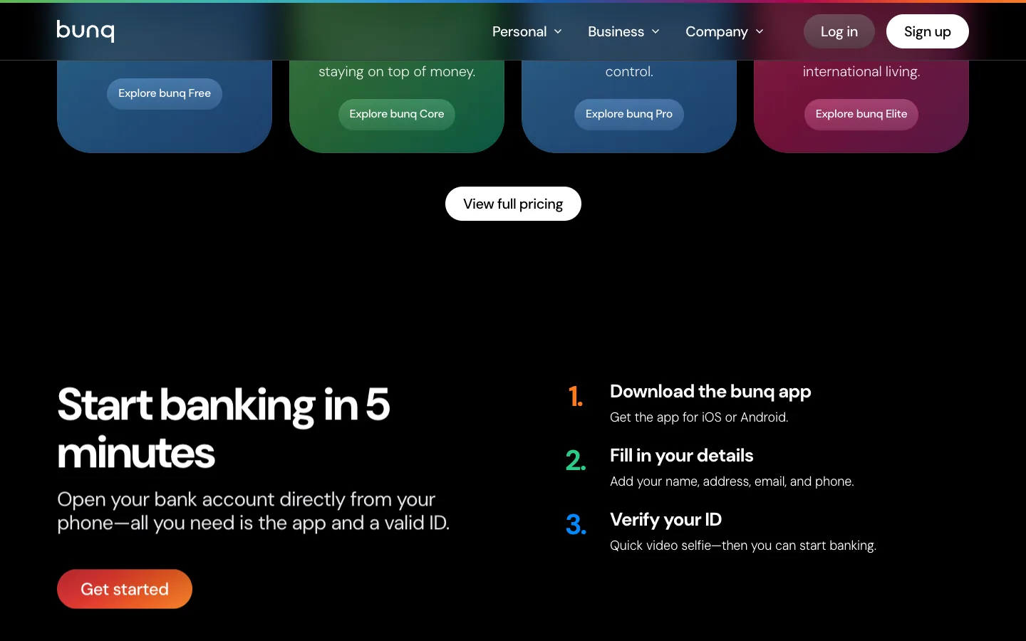 bunq: Start banking in 5 minutes, three numbered steps, download the app, fill in your details, verify your ID with a quick video selfie, an orange Get started button