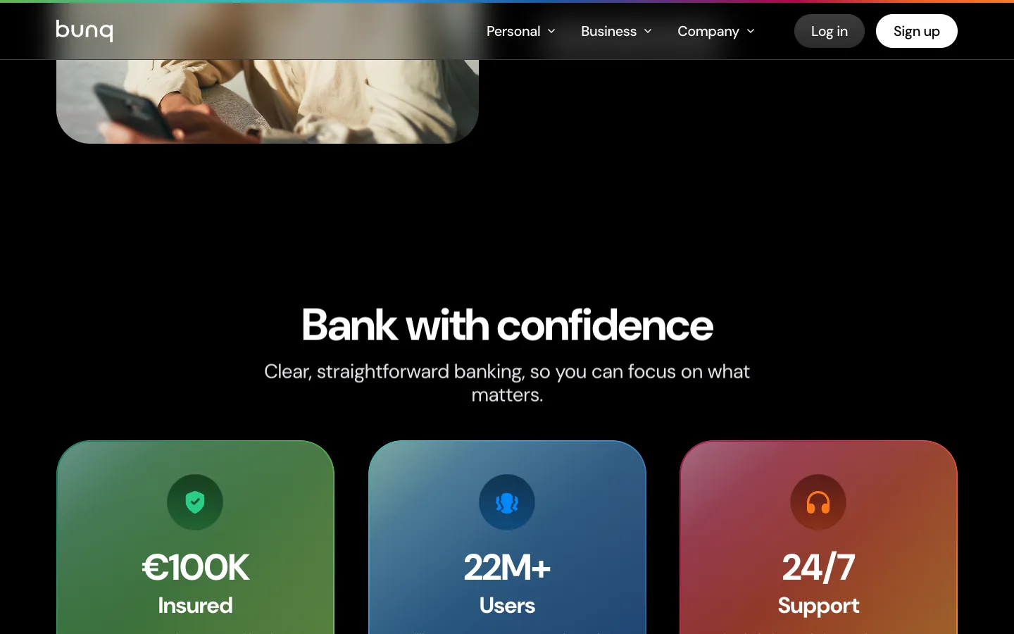 bunq: Bank with confidence, three gradient tiles, €100K protected, 22M+ users, 24/7 support