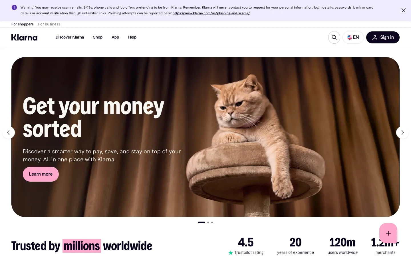 Klarna home page: Get your money sorted over a photo of a ginger cat on a scratching post, pink buttons