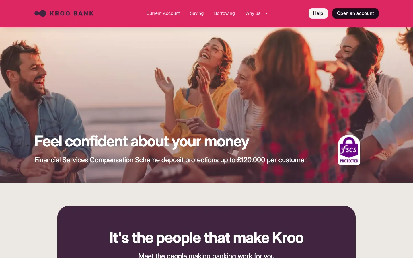 Kroo: friends laughing at sunset, Feel confident about your money, then a purple block It's the people that make Kroo