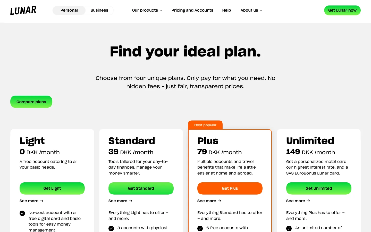 Lunar: Find your ideal plan, four plan cards, Light 0 DKK, Standard 39 DKK, Plus 79 DKK marked Most popular with an orange button, Unlimited 149 DKK
