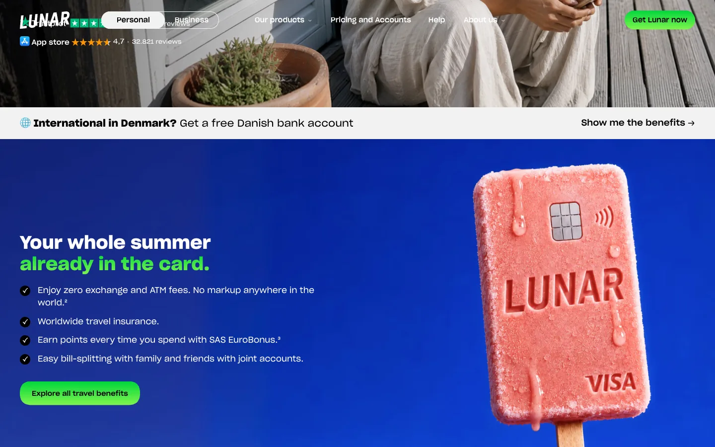 Lunar: Your whole summer already in the card, a pink Lunar Visa card made of ice on a stick, melting, on a blue background