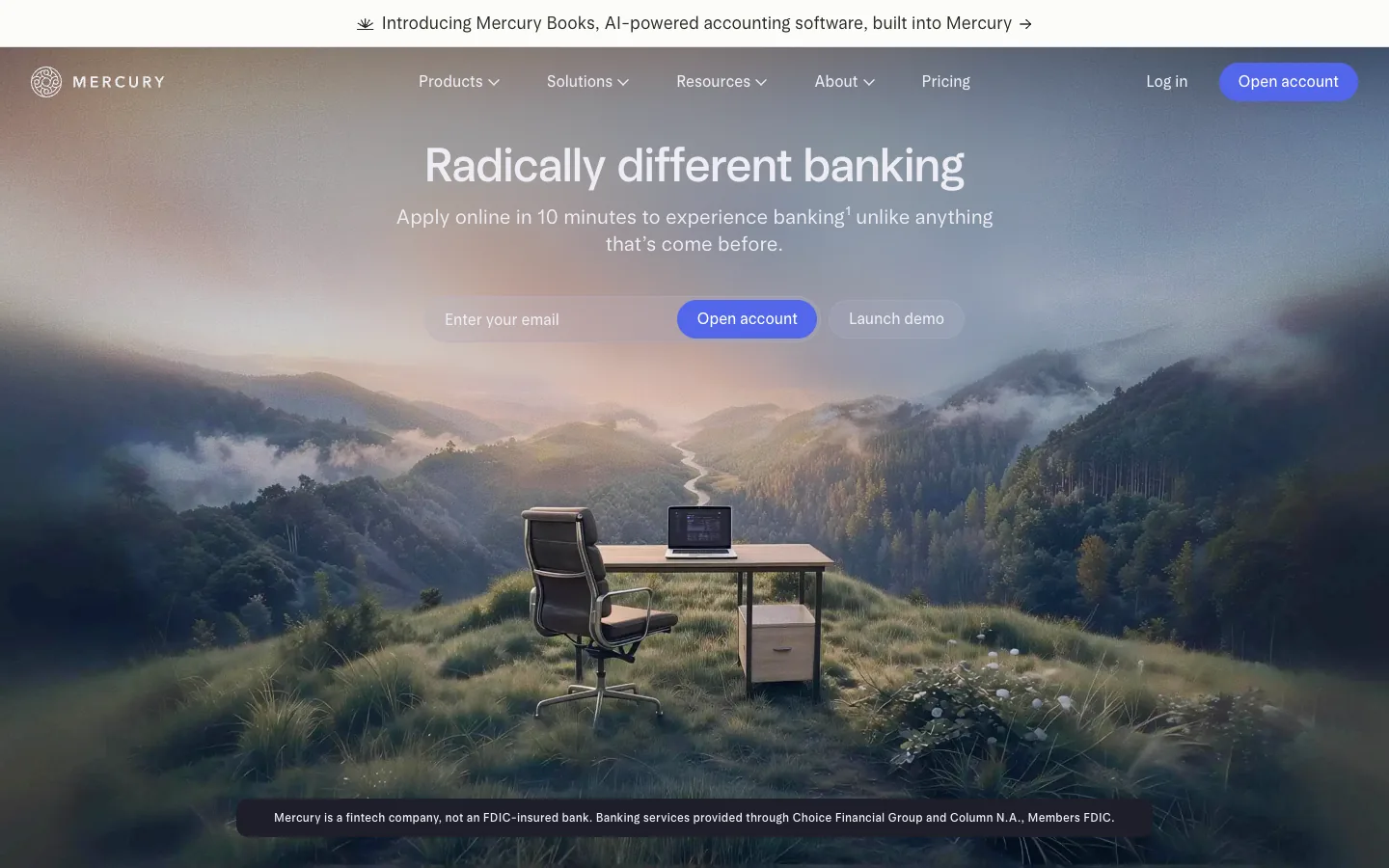 Mercury home page: Radically different banking over a photo of a desk and an office chair on a misty mountain top, one email field and an Open account button