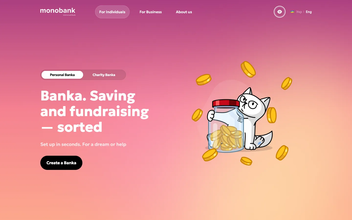 monobank Banka page in English: Banka. Saving and fundraising, sorted, a pink gradient, a cat hugging a glass jar full of gold coins, Create a Banka