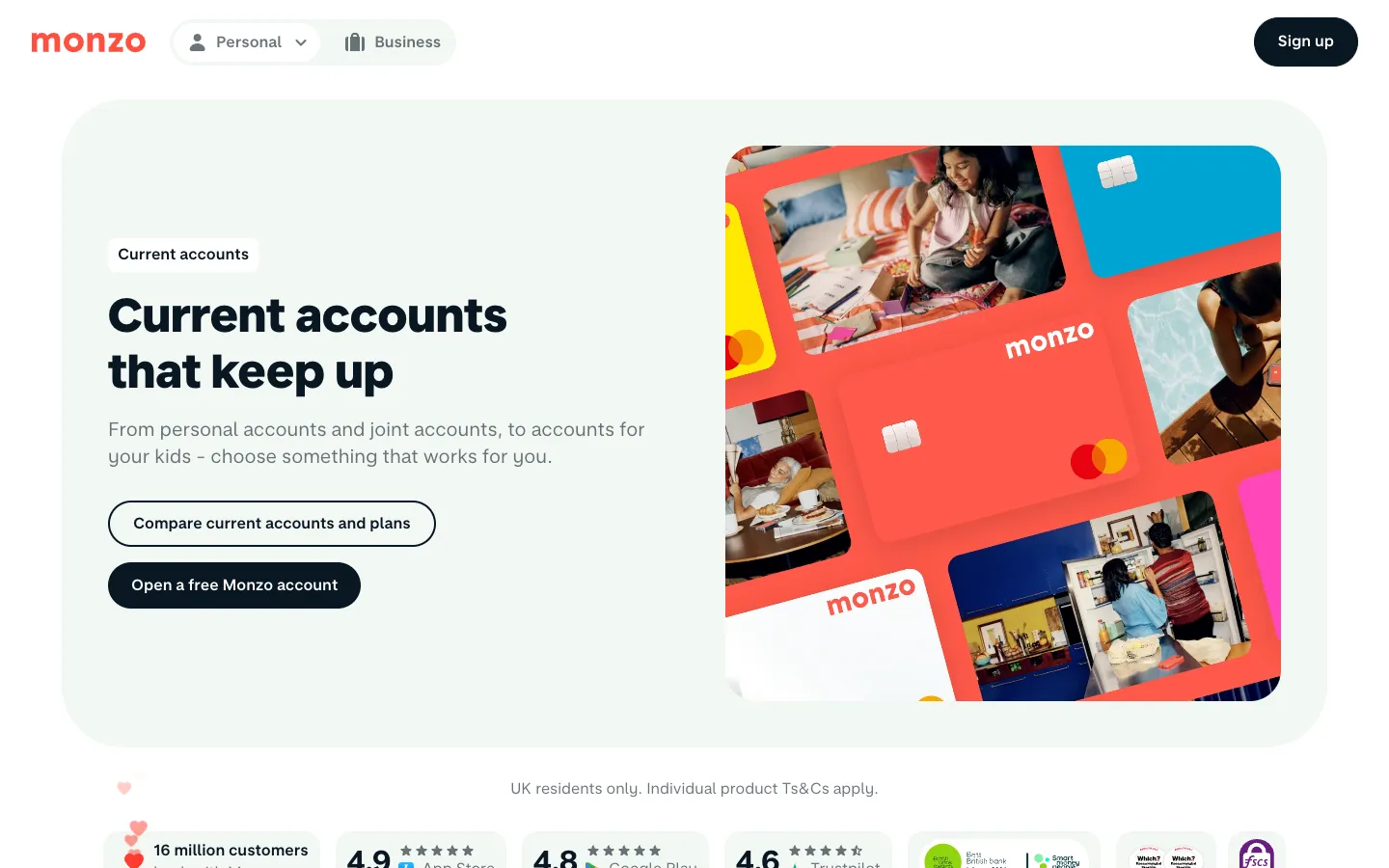 Monzo current accounts page: hot coral cards scattered over photos