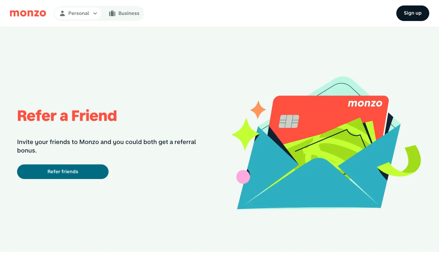 Monzo Refer a Friend: a coral card coming out of an envelope, invite your friends and you could both get a bonus