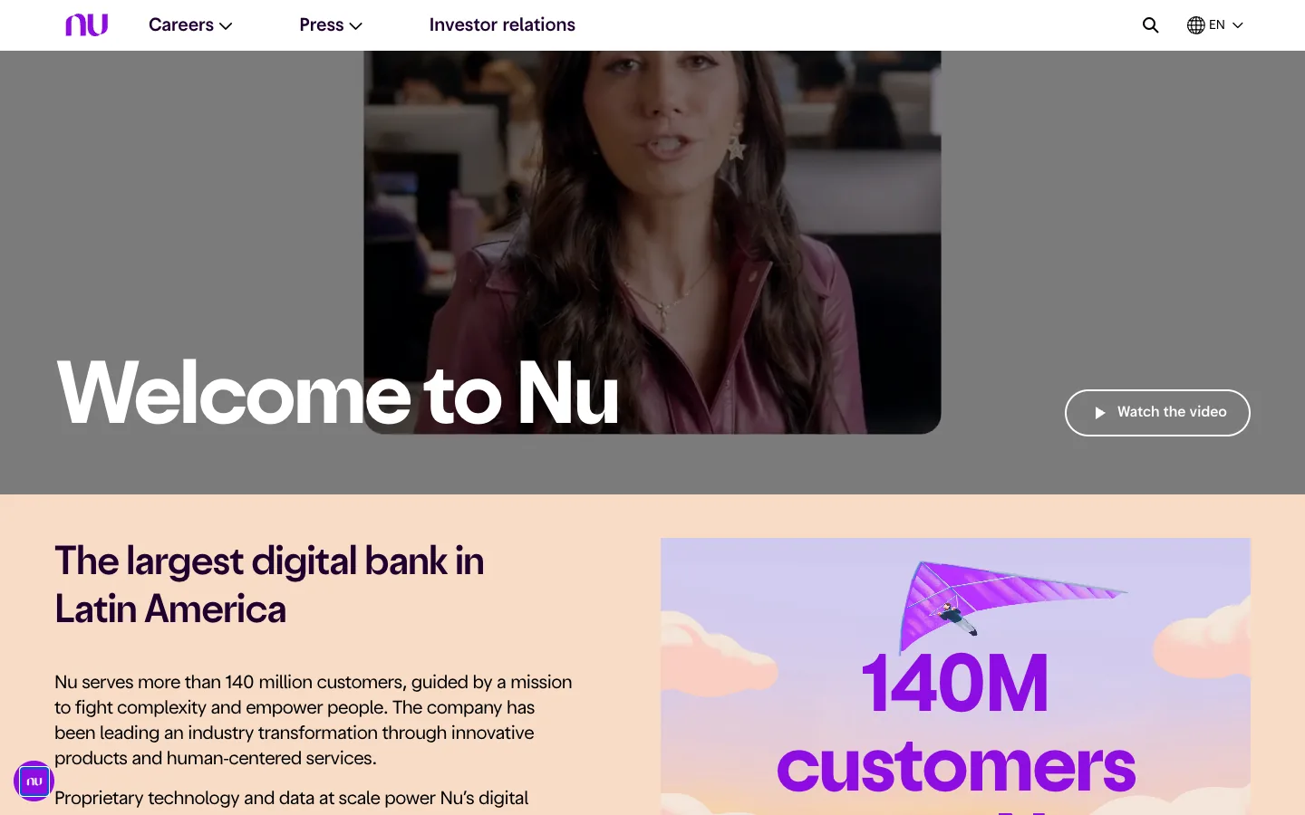Nu about page in English: The largest digital bank in Latin America, and a hand-drawn illustration of a purple hang glider over the words 140M customers trust Nu