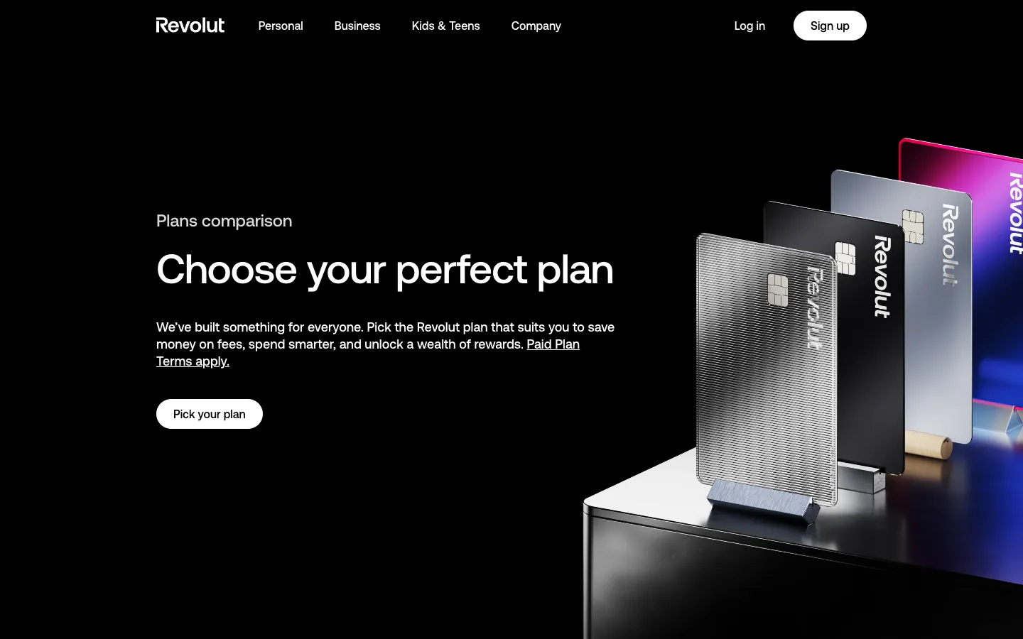 Revolut plans page: Choose your perfect plan, a stack of metal cards in black and silver