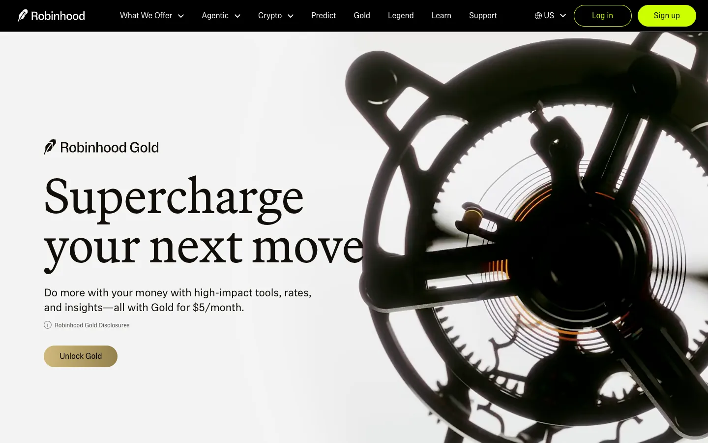 Robinhood Gold: Supercharge your next move in a large serif, a close-up of a black mechanical sculpture with a glowing core, a gold Unlock Gold button