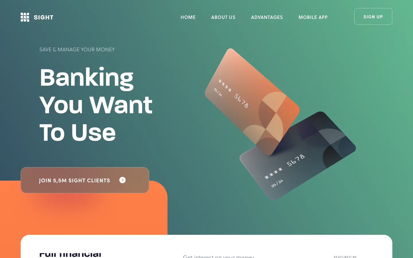 Sight, a bank concept: Banking You Want To Use on a teal-to-green gradient, two tilted cards in coral and slate, an orange panel with Join 5,5M Sight clients
