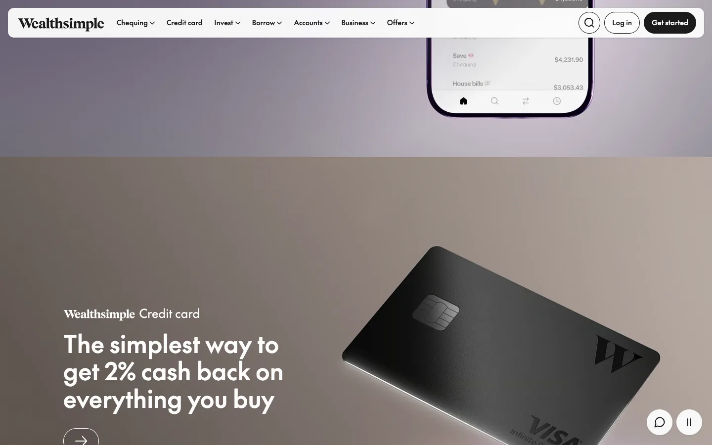 Wealthsimple credit card: a matte black card with a W, lit like a product shot on a grey background, The simplest way to get 2% cash back on everything you buy