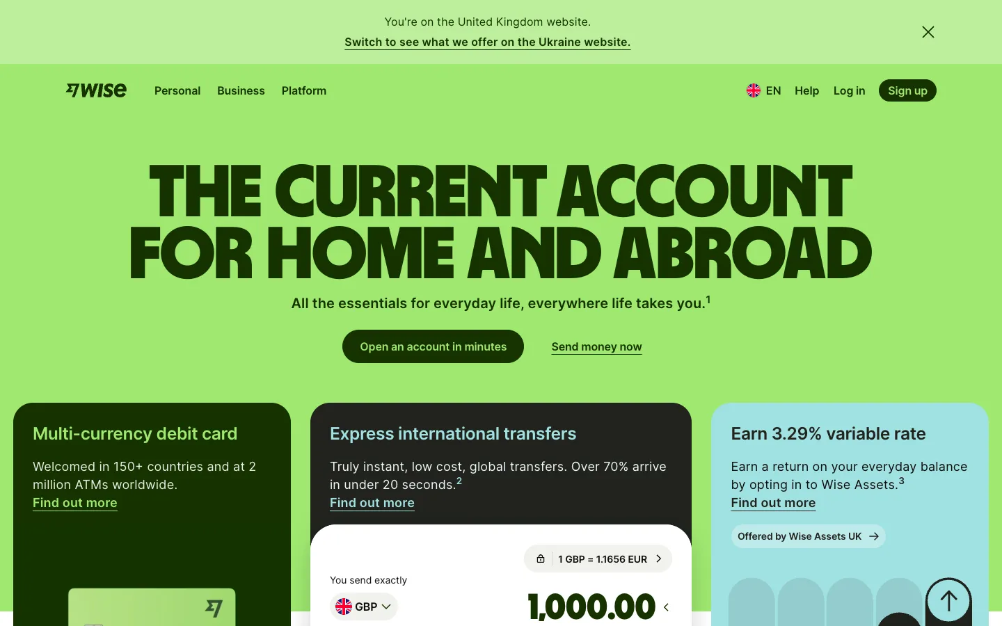 Wise home page: The current account for home and abroad in big letters on green, cards for the debit card, transfers and interest, a converter