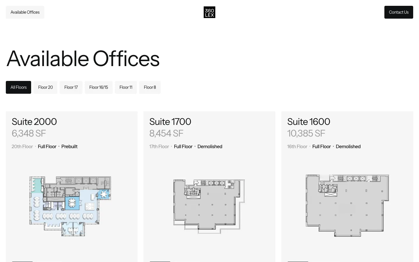 360 Lexington available offices: tabs by floor and suite cards with size and floor plan