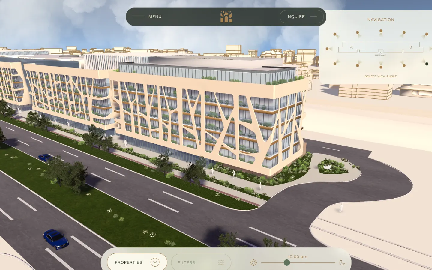 Belgrade Arbor 3D experience: the building with its tree-canopy facade, a view-angle selector and a time-of-day slider