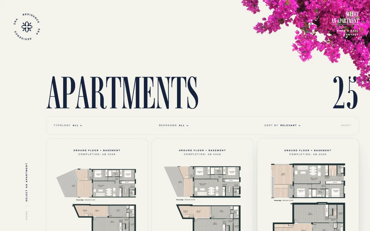 ERA Residence apartments page: Apartments 25, filters by typology and bedrooms, cards with floor plans