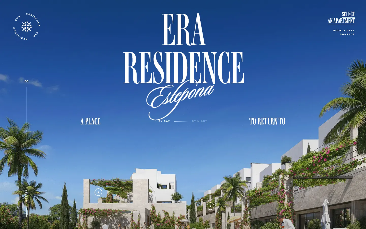 ERA Residence home page: the name set in an arch over white villas and palms, Select an apartment in the corner