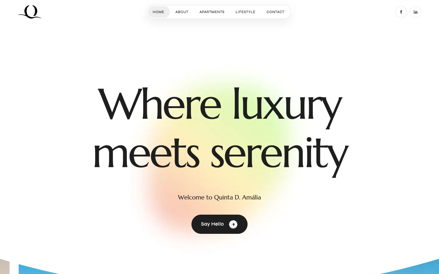 Quinta D. Amália home page: Where luxury meets serenity on white, a Say Hello button