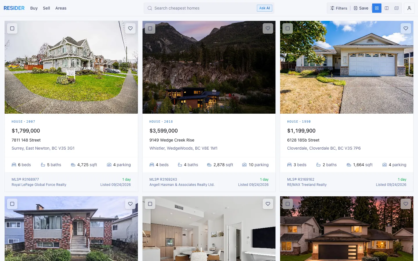 Resider search: listings in British Columbia with price, beds, baths, square feet and parking
