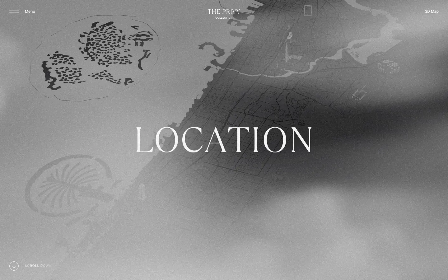 Sobha Privy Collection location page: a monochrome 3D map of Dubai with Palm Jumeirah
