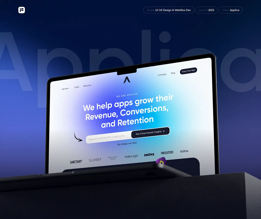 Applica website on a laptop: "We help apps grow their Revenue, Conversions, and Retention"