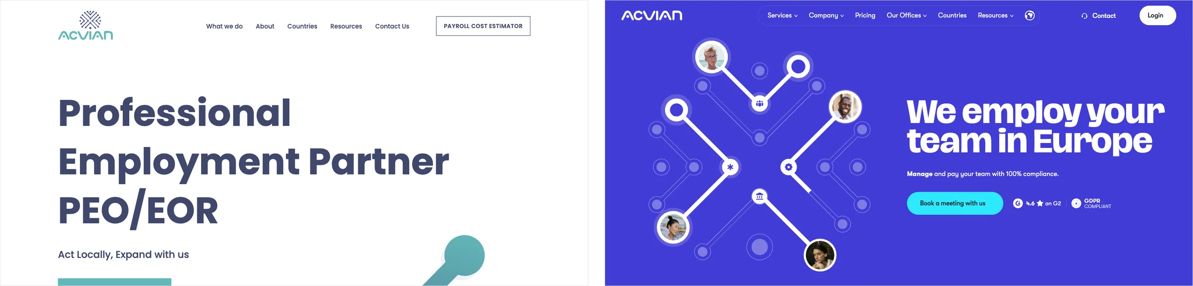 Acvian's homepage in August 2024 on WordPress and today on Webflow
