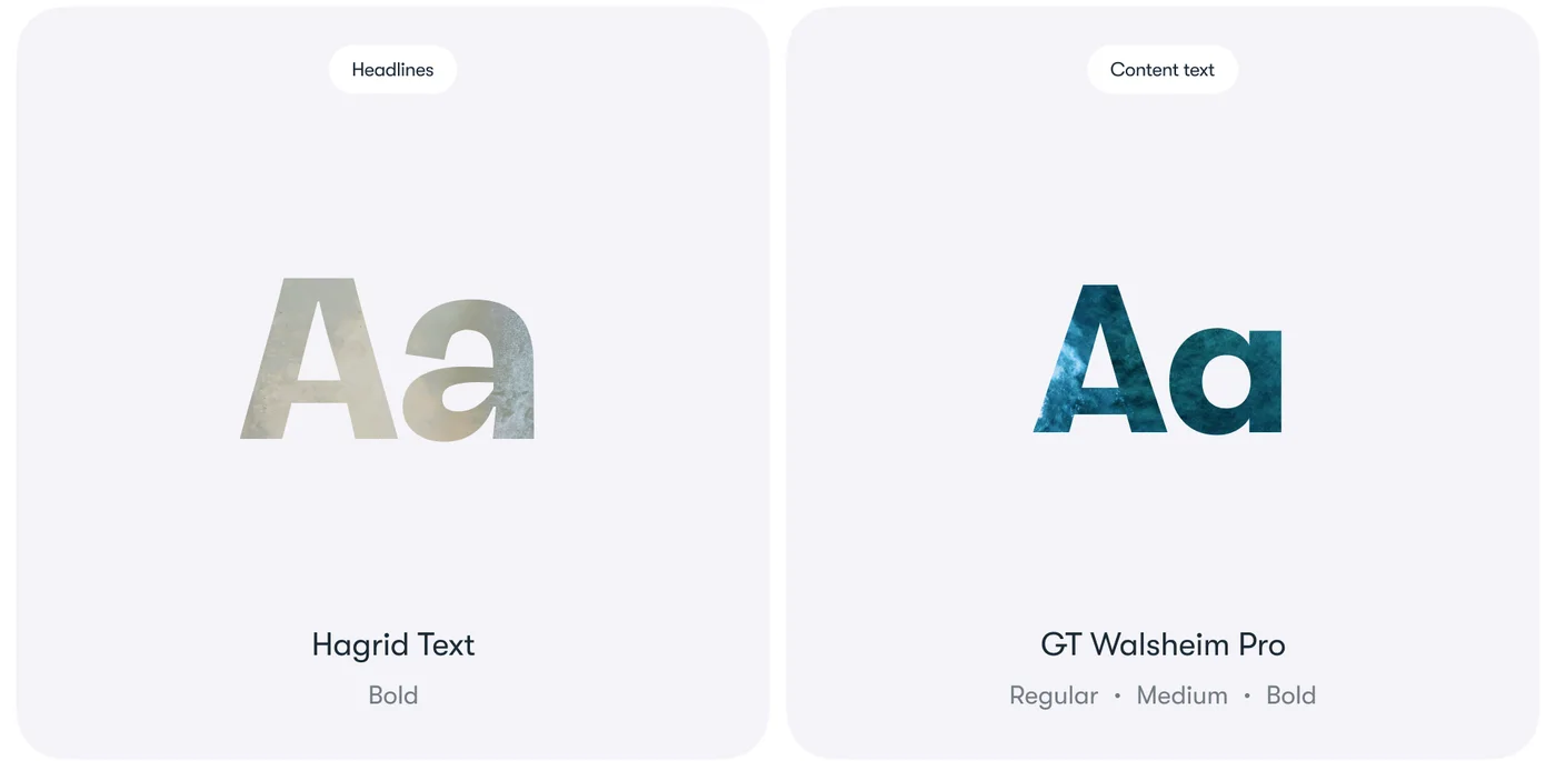 Acvian typefaces: Hagrid Text and GT Walsheim Pro