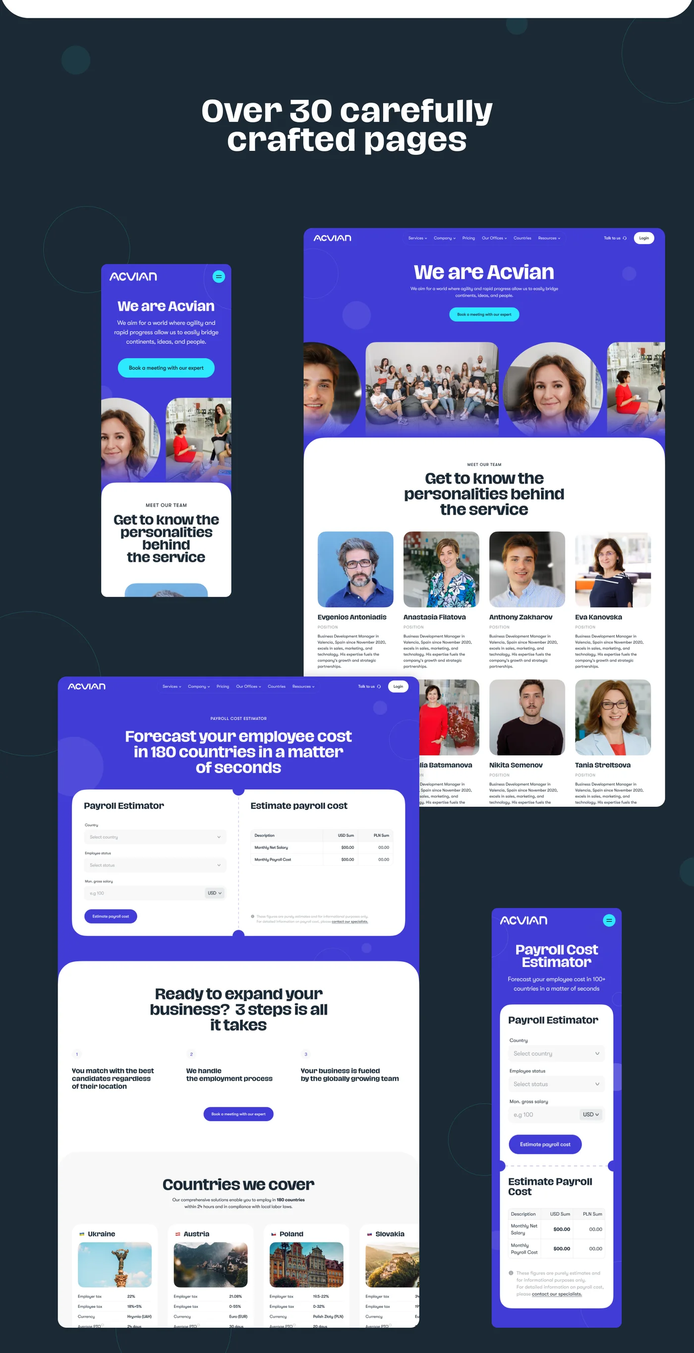 Acvian company, team and payroll estimator pages