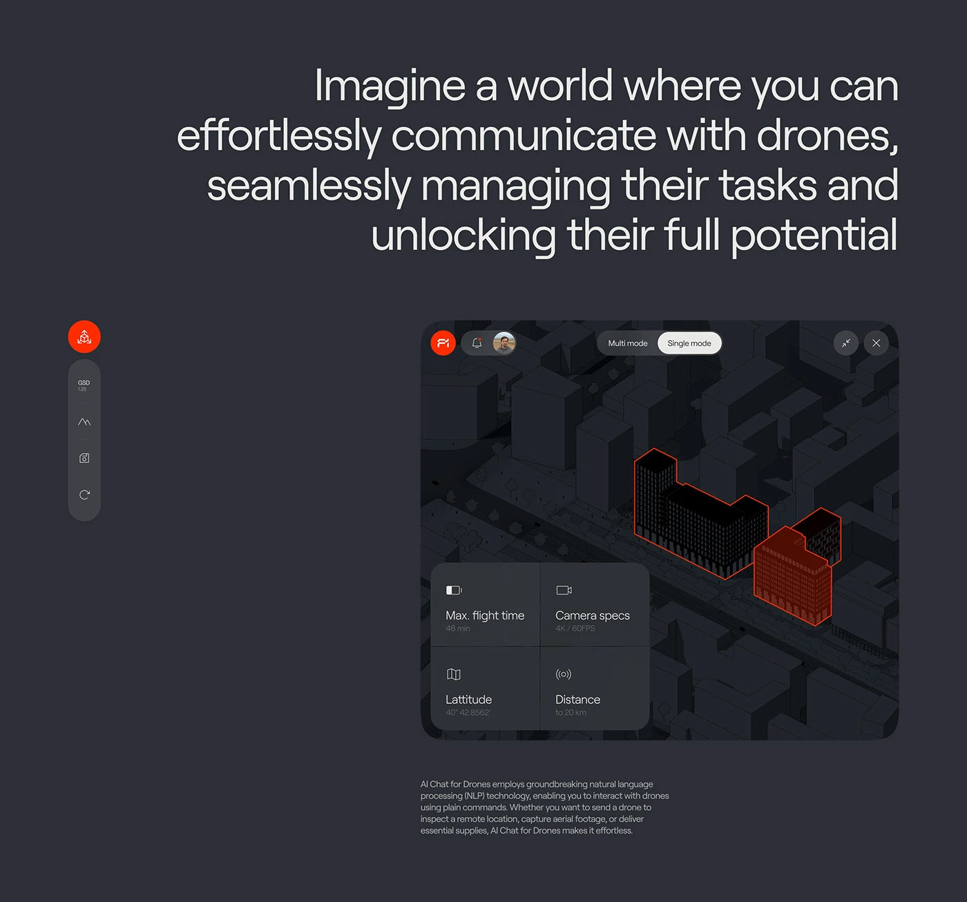 Tablet view with a 3D city map and drone specs