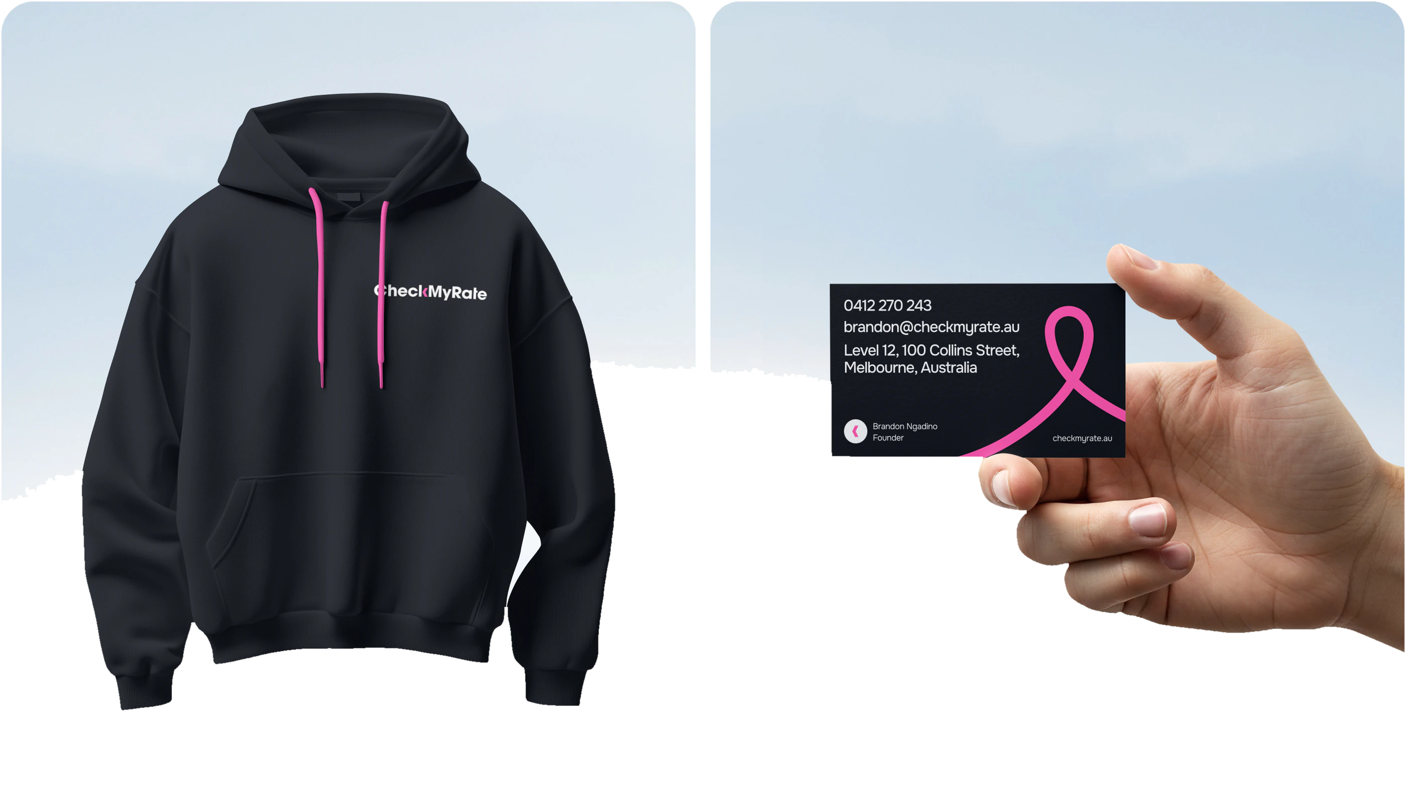 CheckMyRate hoodie and business card